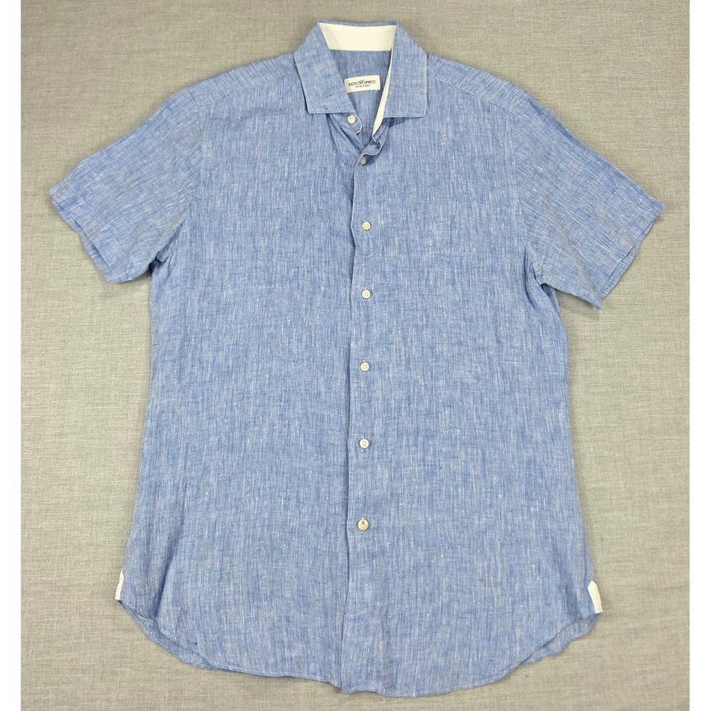 Nerosfumato Positano Mens Blue 100% Linen Short Sleeve Button Up Shirt Size L